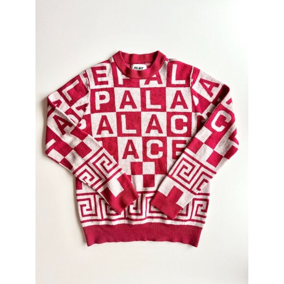 PALACE Check-It Knit Red White Logo Check Wool Blend Crew Neck Sweater, Size L - Picture 4 of 16